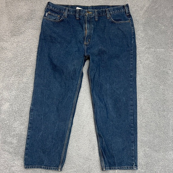Carhartt Jeans Mens 46x30 Relaxed Fit B460-DVB Blue Denim Work Straight Mid Wash - Picture 2 of 10